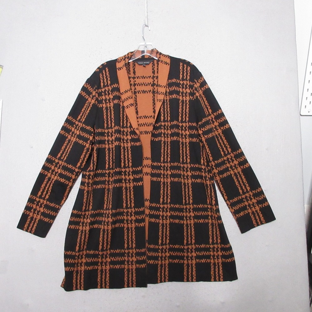 Ming Wang Cardigan XL Plaid Open Front‎ Knit Long Line Sweater Old Money Career